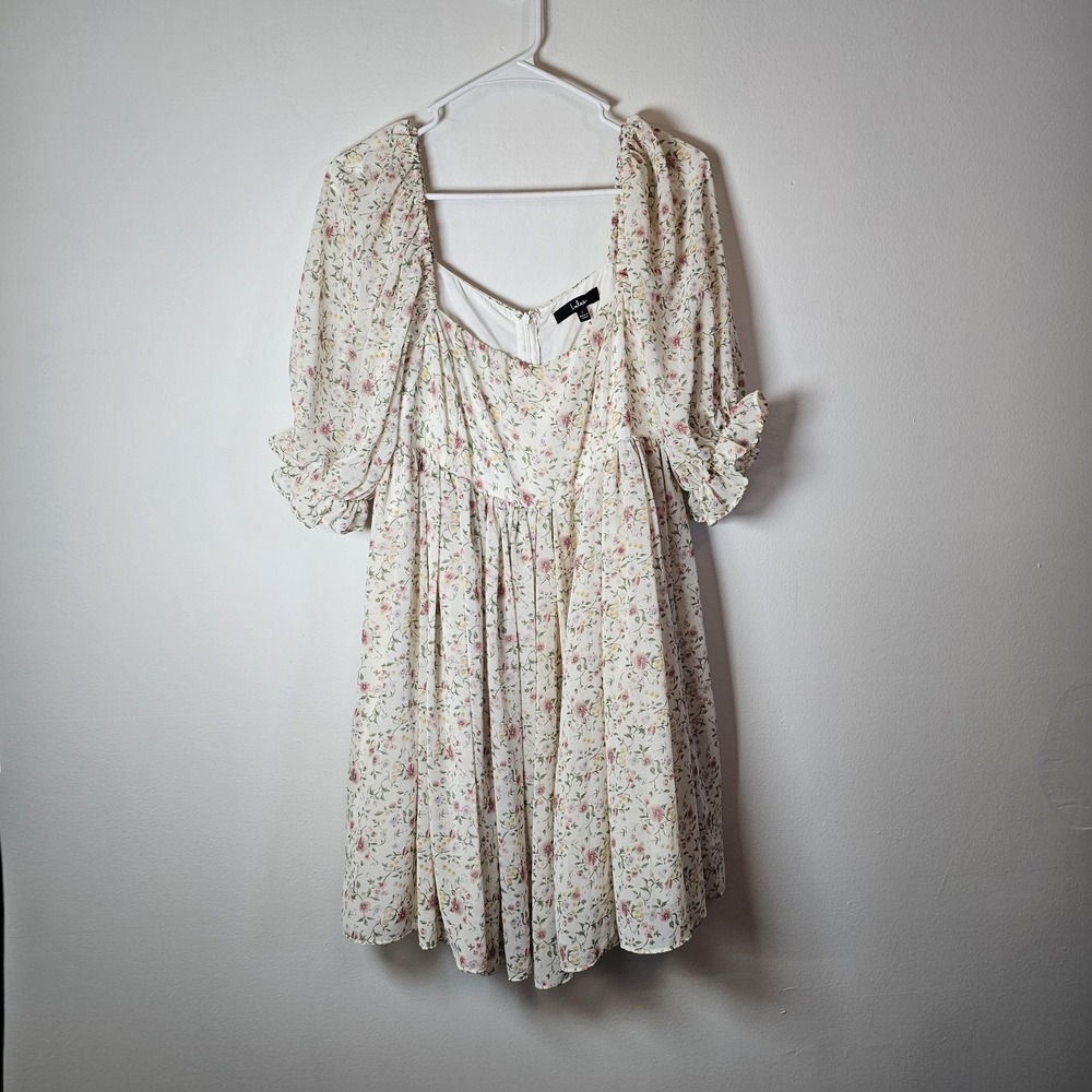 Lulu's Women's Large Floral White Pink Mini Dress Square Neck Romantic Whimsical